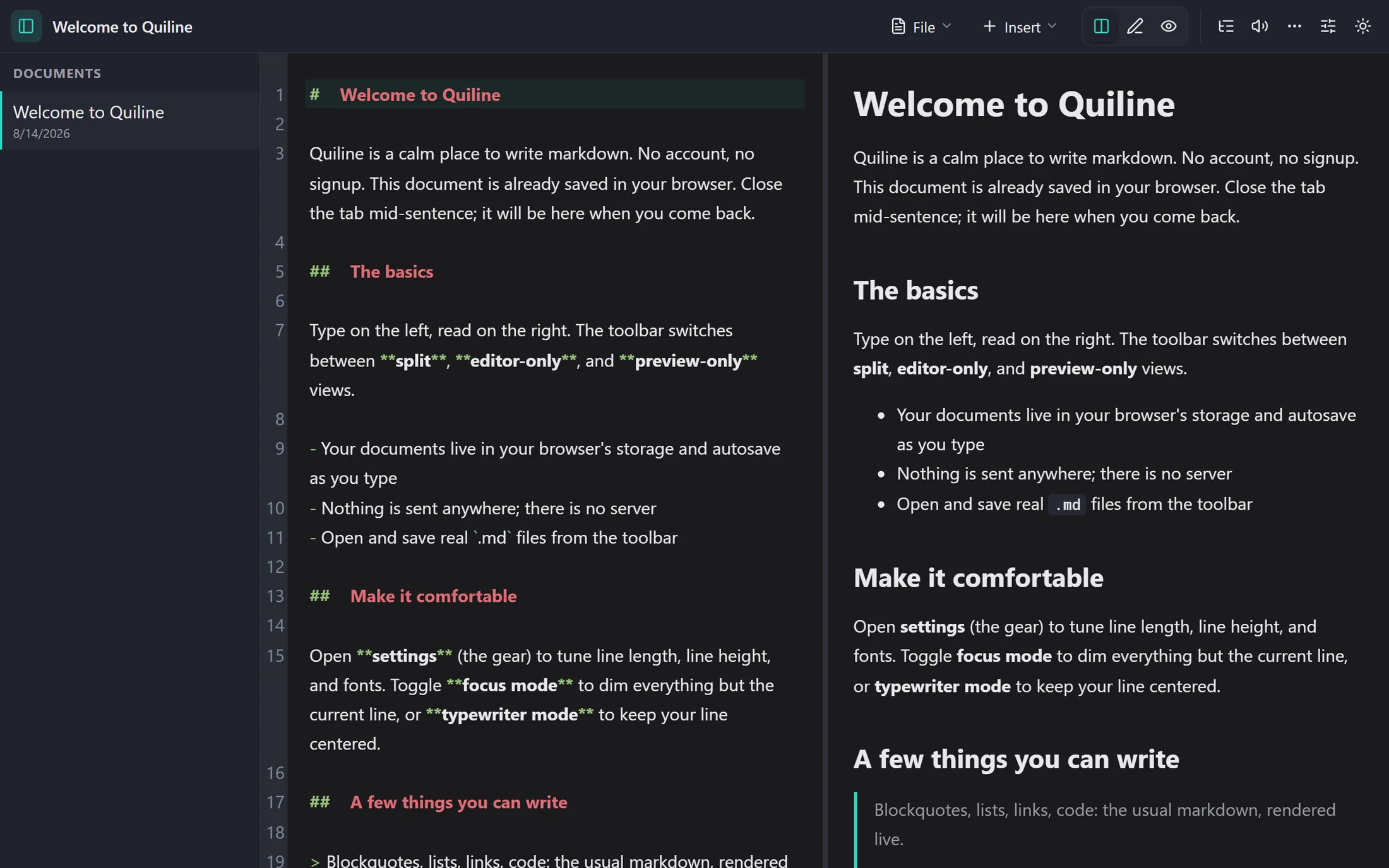 Quiline in split view with Markdown source on the left and the rendered preview on the right.