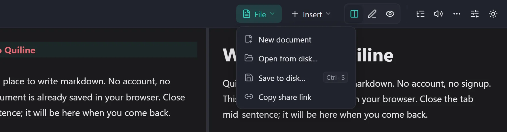 The File menu in Quiline, listing New document, Open from disk, Save to disk with Ctrl+S, and Copy share link.