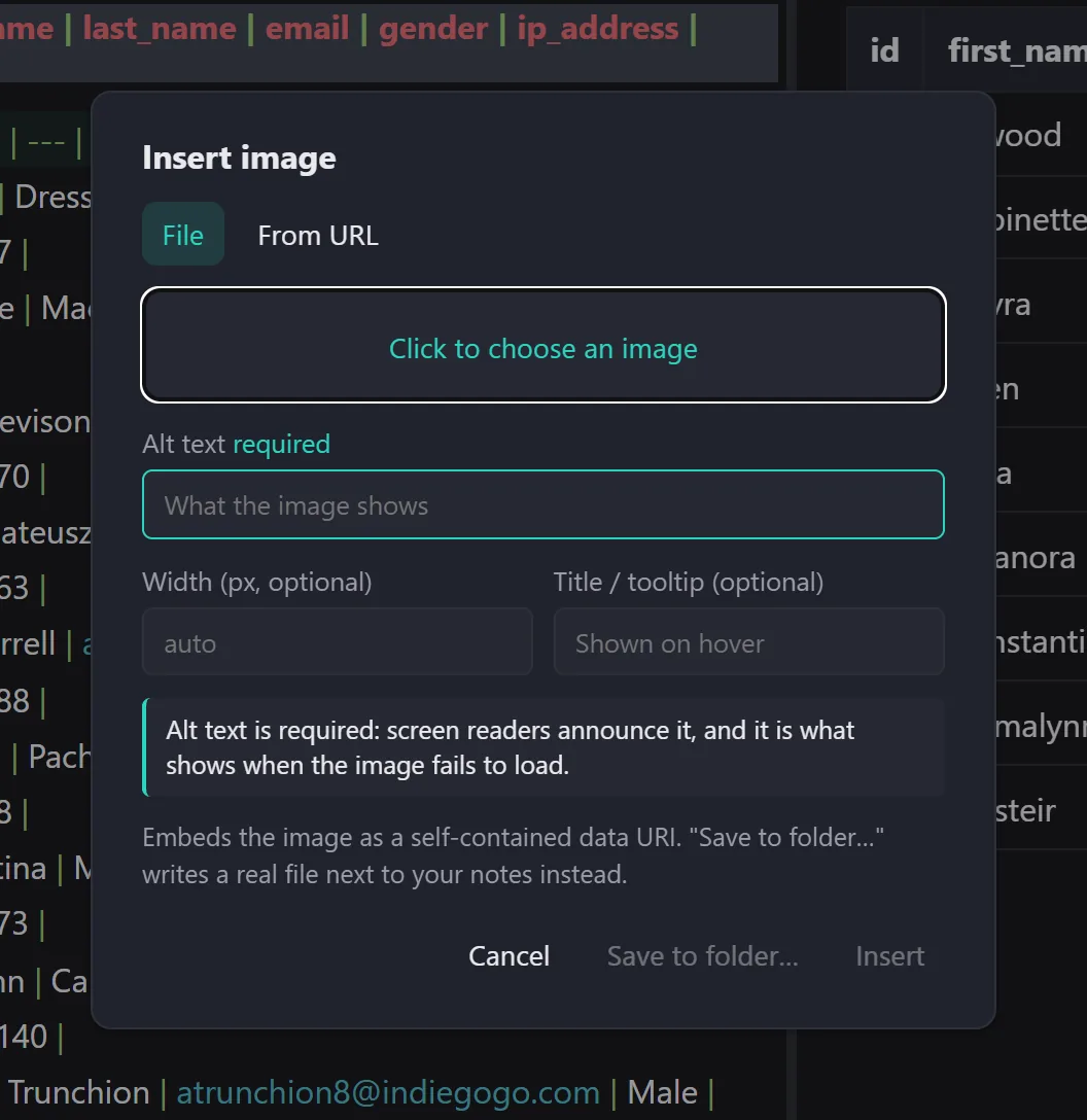 The insert image dialog in Quiline with File and From URL tabs, a required alt text field, optional width and title fields, and a note that alt text is required.