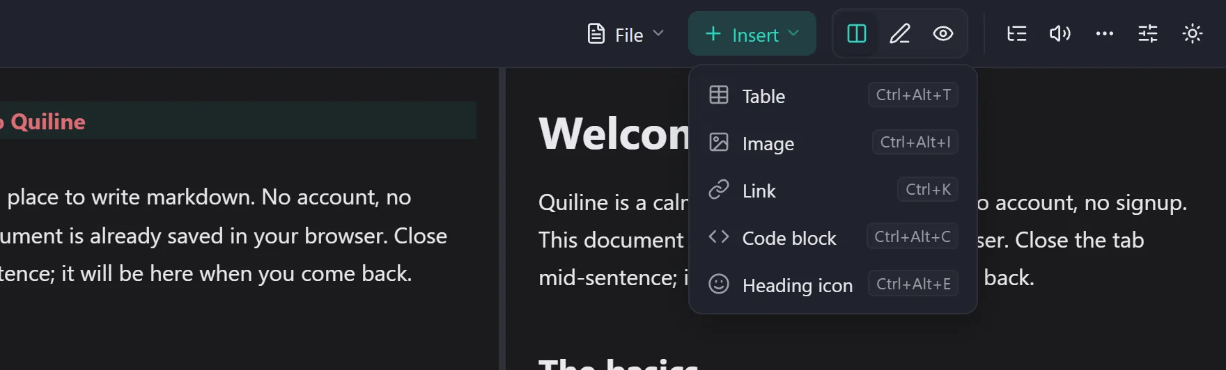 The Insert menu in Quiline listing Table, Image, Link, Code block, and Heading icon with their keyboard shortcuts.