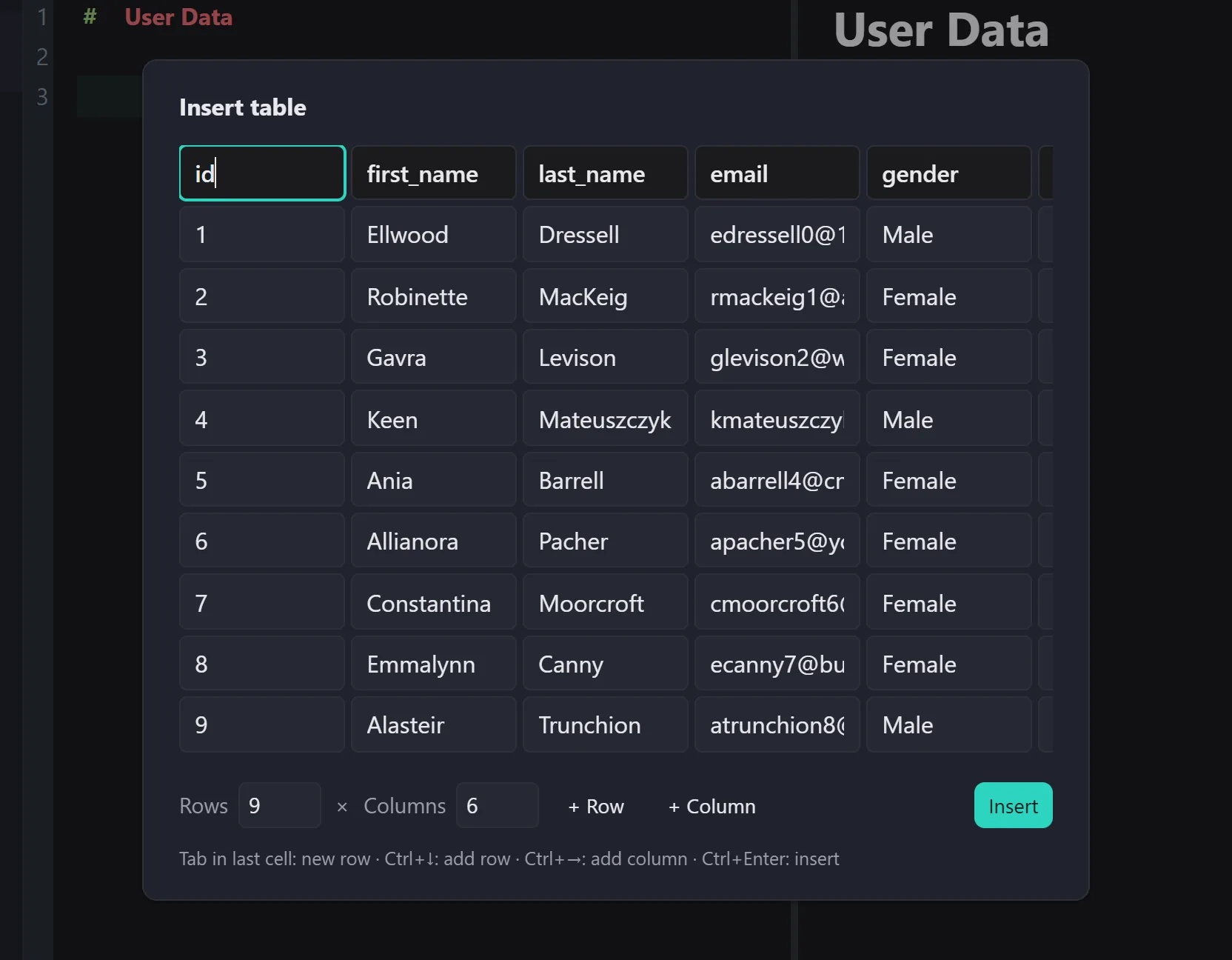 The insert table dialog in Quiline, filled with nine rows of pasted spreadsheet data, showing the rows and columns counters, add row and add column buttons, and the keyboard shortcut hints.