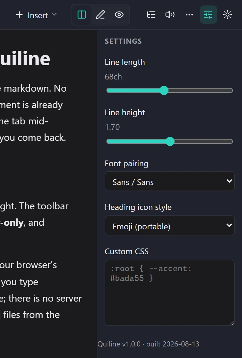 The Quiline settings panel showing line length, line height, font pairing, heading icon style, and a custom CSS box.